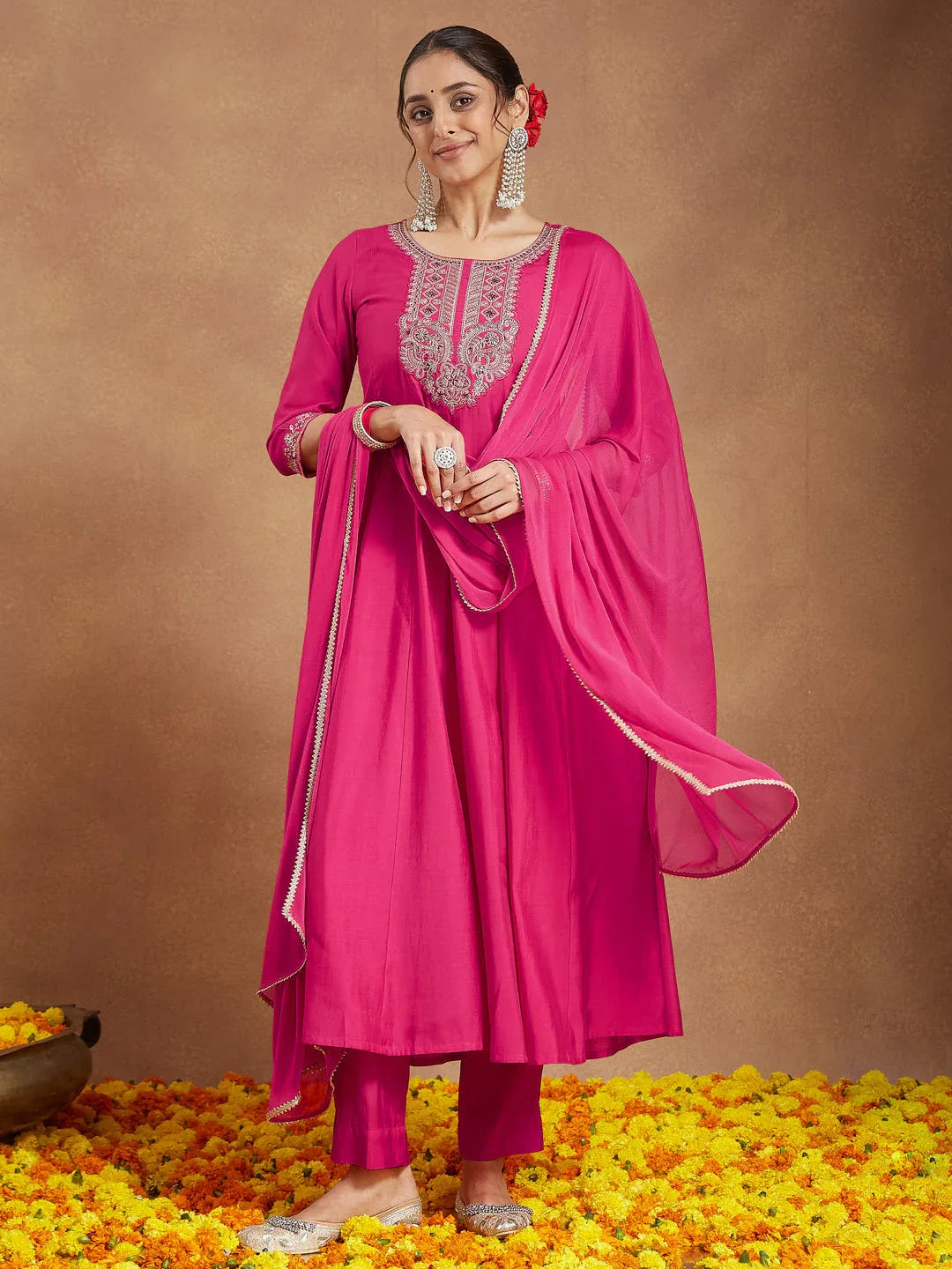 Janasya Women's Pink Chanderi Silk Yoke Embroidered Anarkali Kurta Set