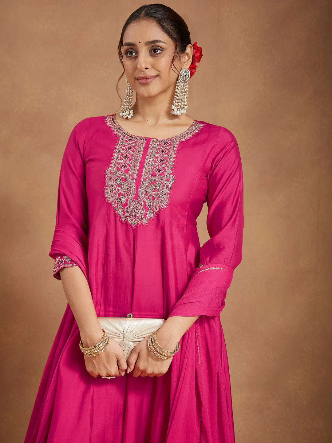 Janasya Women's Pink Chanderi Silk Yoke Embroidered Anarkali Kurta Set