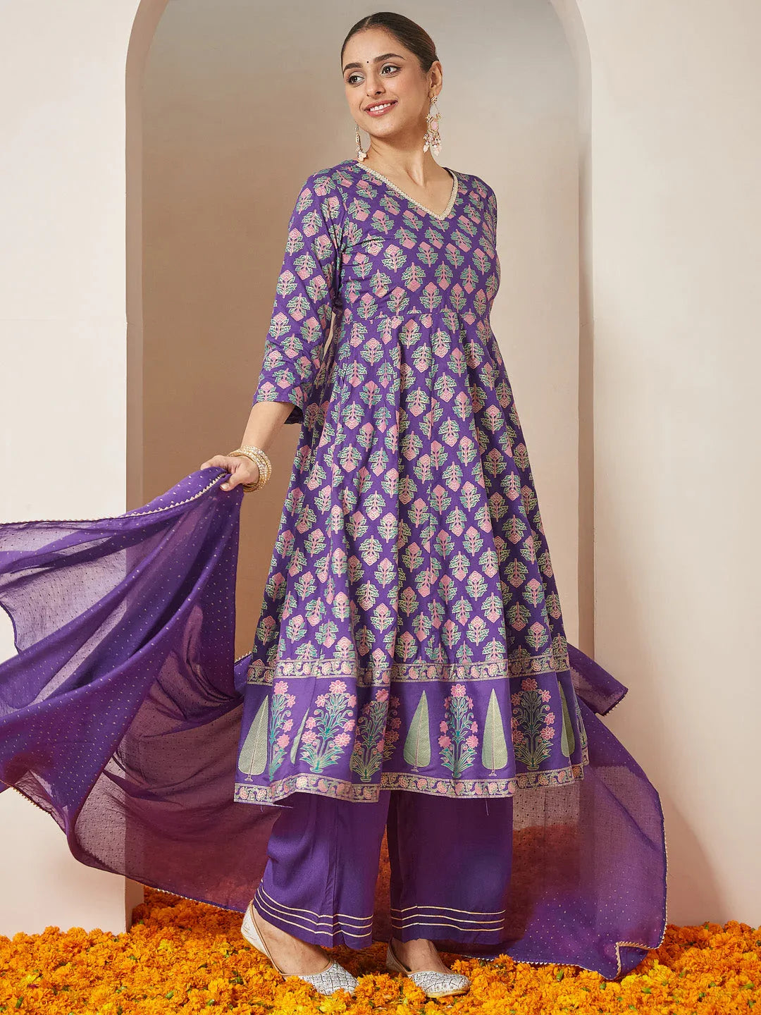 Janasya Women's Purple Rayon Ethnic Motifs Gold Printed Anarkali Kurta Set