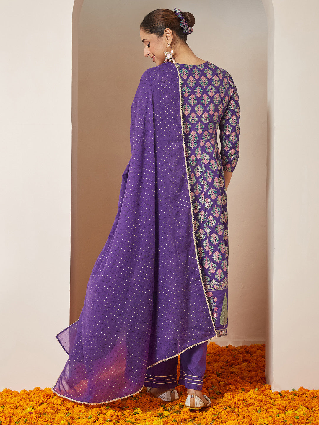 Janasya Women's Purple Rayon Ethnic Motifs Gold Printed Anarkali Kurta Set - qivii