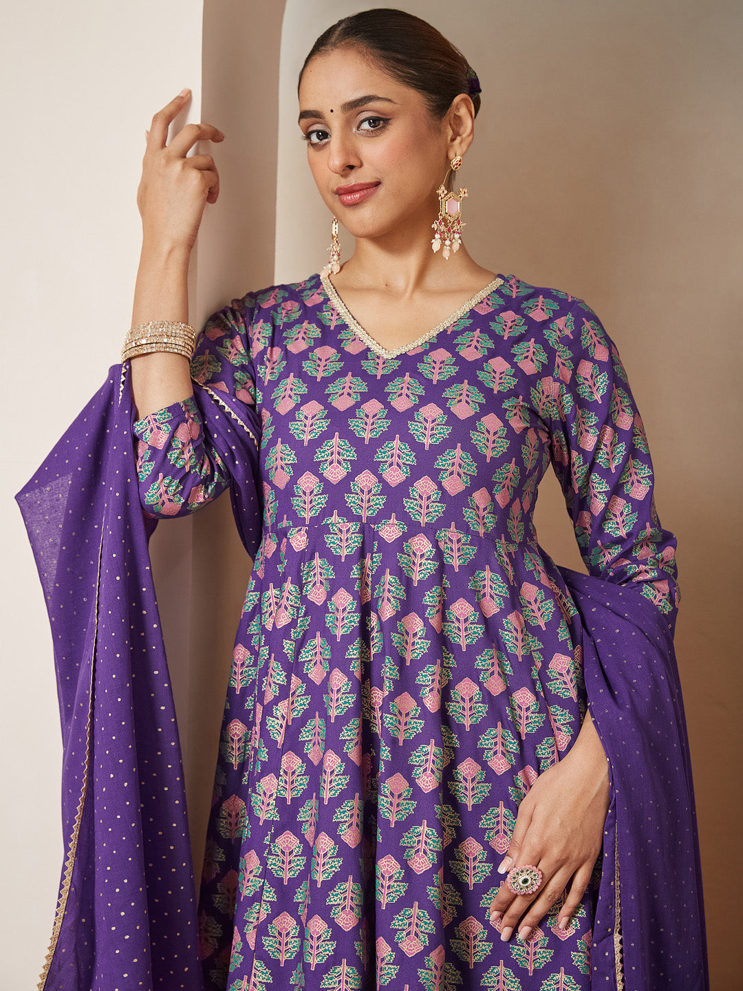 Janasya Women's Purple Rayon Ethnic Motifs Gold Printed Anarkali Kurta Set - qivii