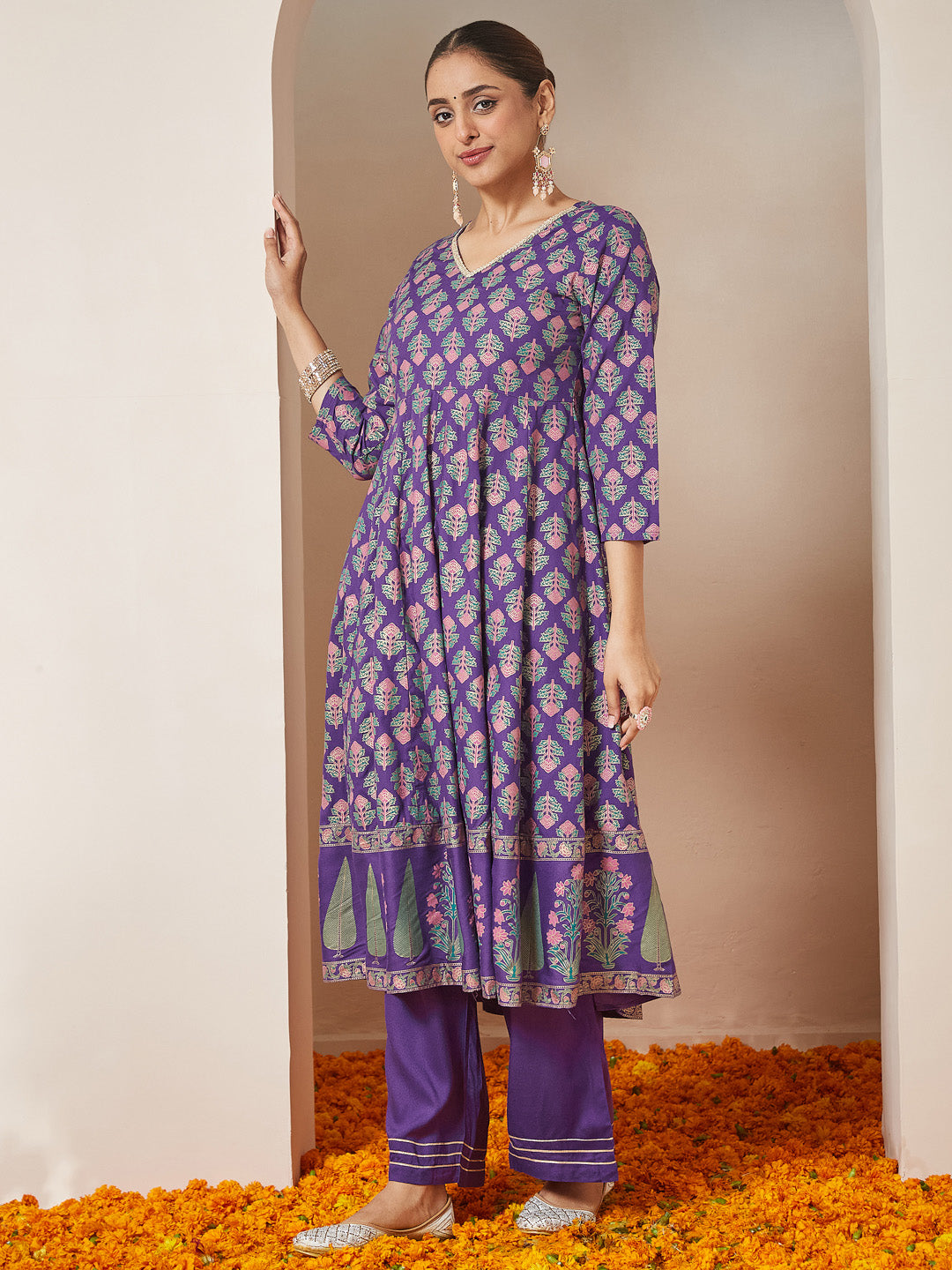 Janasya Women's Purple Rayon Ethnic Motifs Gold Printed Anarkali Kurta Set - qivii