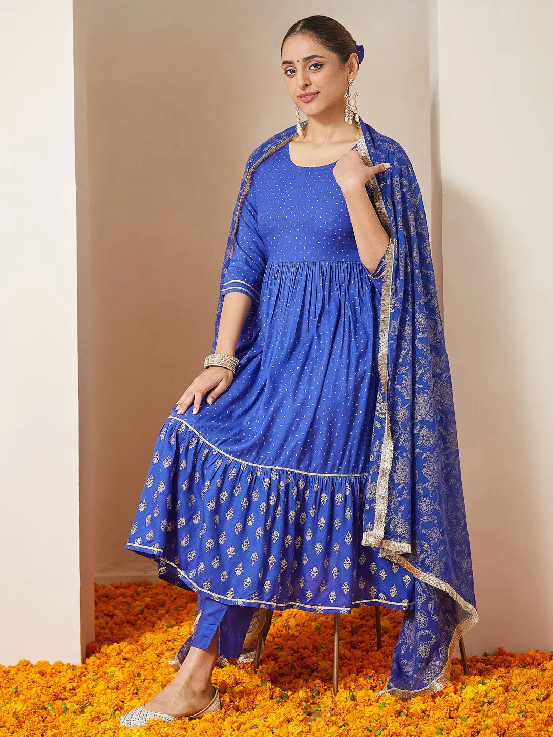 Janasya Women's Blue Pure Cotton Foil Printed A-line Kurta Set