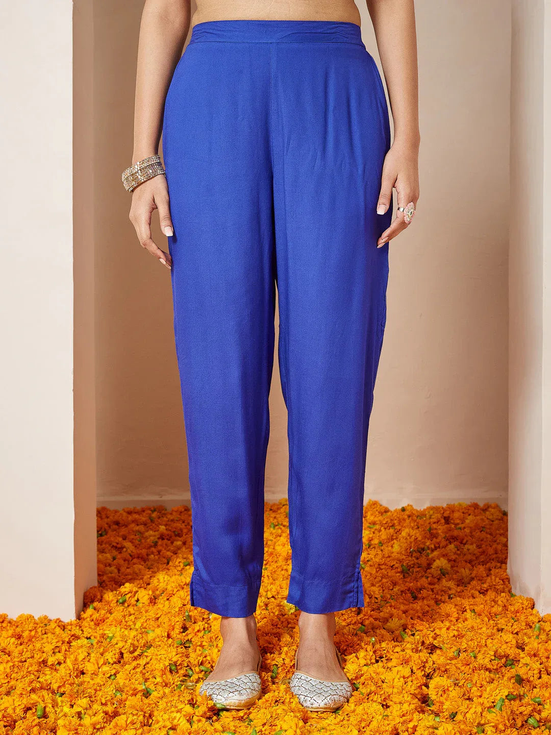 Janasya Women's Blue Pure Cotton Foil Printed A-line Kurta Set