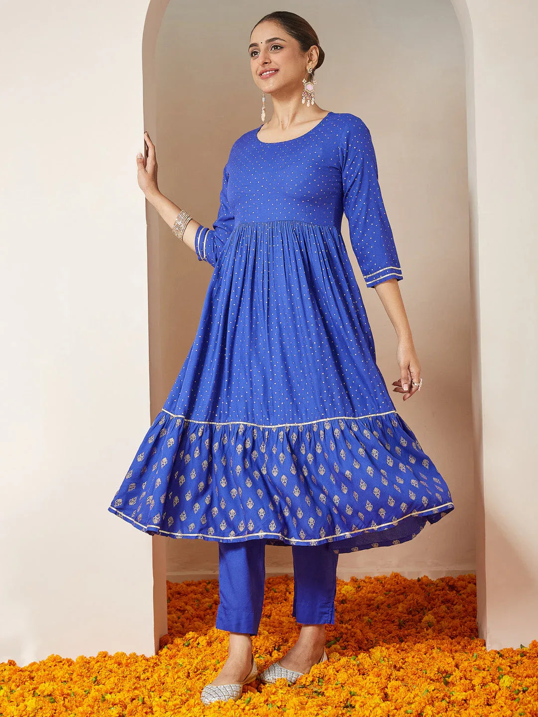 Janasya Women's Blue Pure Cotton Foil Printed A-line Kurta Set