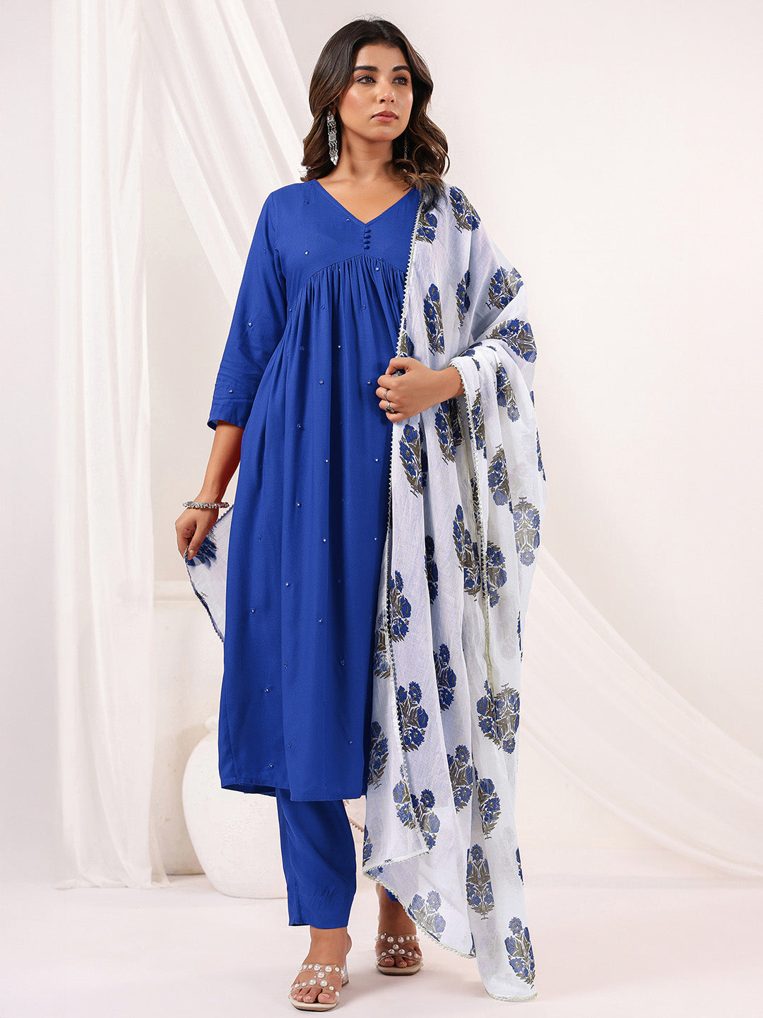 Janasya Women's Blue Rayon Embellished Mirror Work A-line Kurta Set - qivii