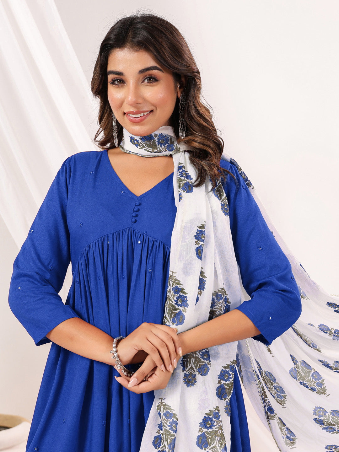 Janasya Women's Blue Rayon Embellished Mirror Work A-line Kurta Set - qivii