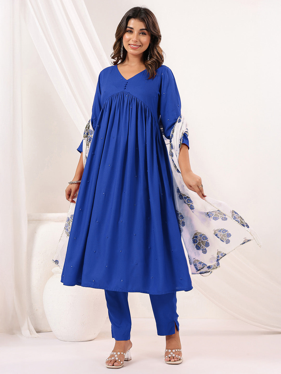 Janasya Women's Blue Rayon Embellished Mirror Work A-line Kurta Set - qivii