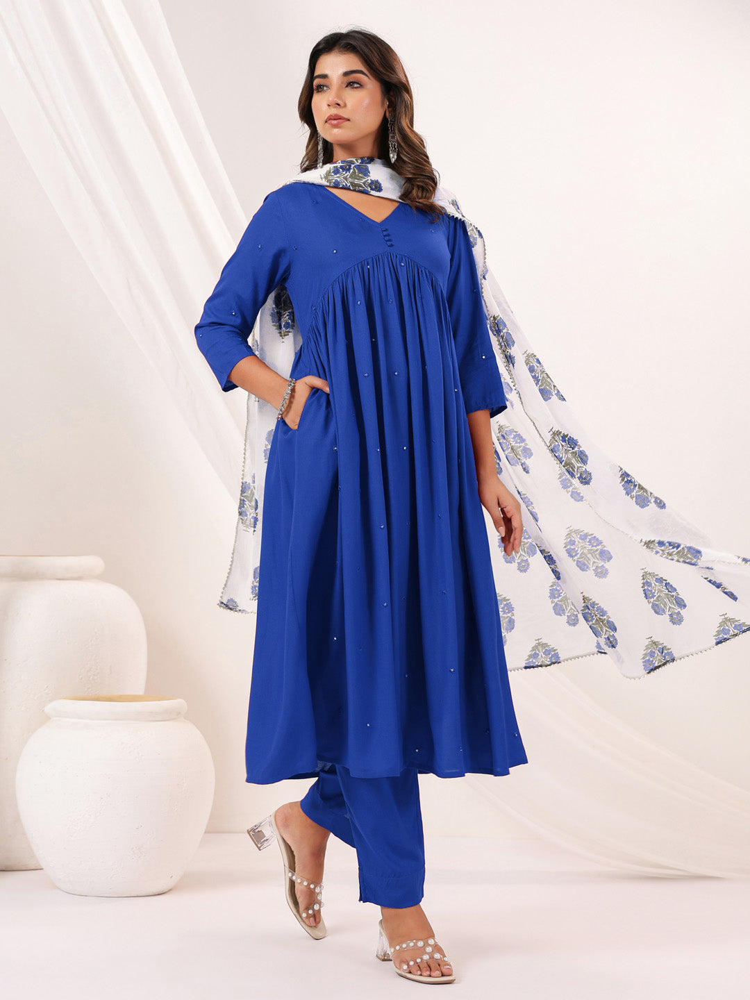 Janasya Women's Blue Rayon Embellished Mirror Work A-line Kurta Set - qivii