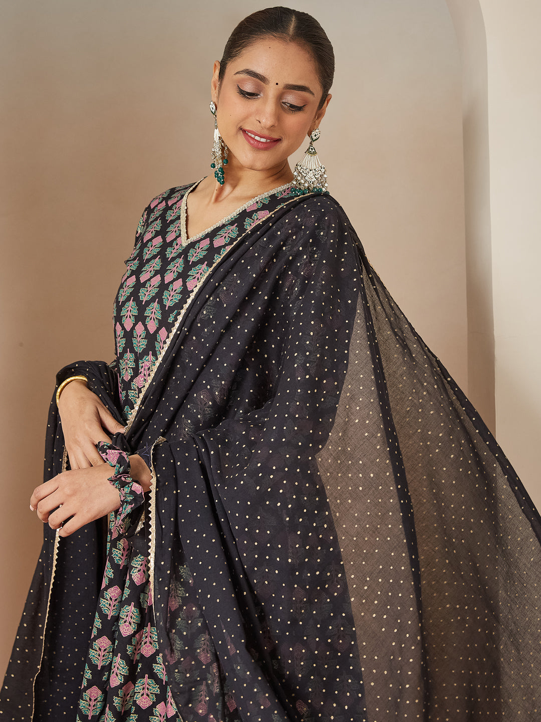 Janasya Women's Black Rayon Foil Printed Anarkali Kurta Set - qivii