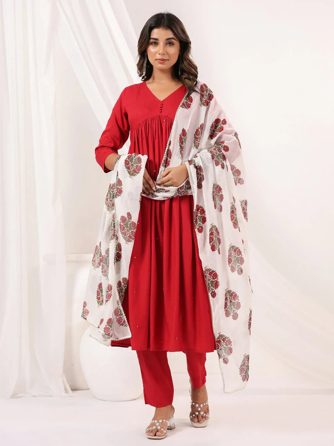 Janasya Women's Maroon Rayon Embellished Mirror Work A-line Kurta Set