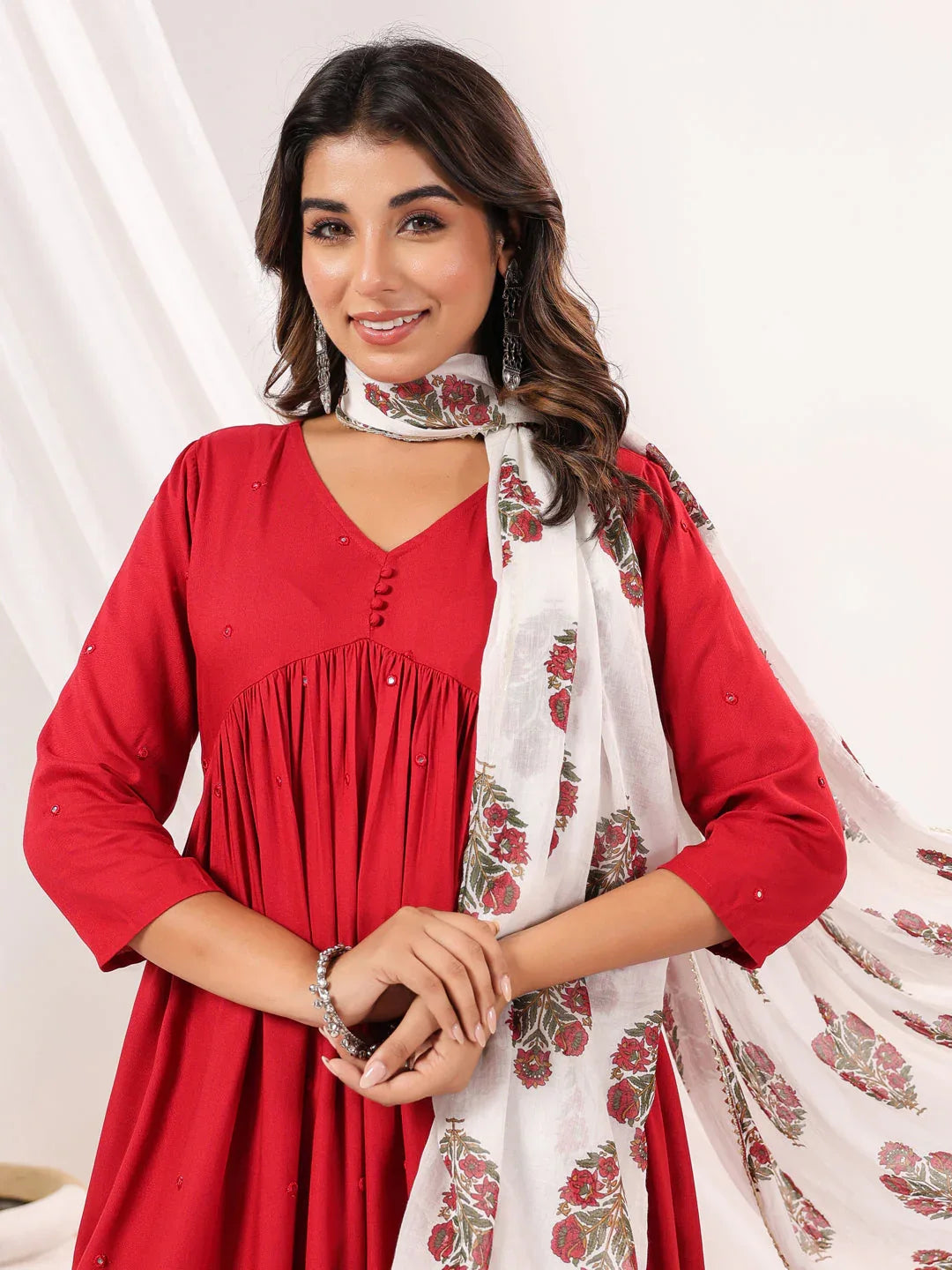 Janasya Women's Maroon Rayon Embellished Mirror Work A-line Kurta Set
