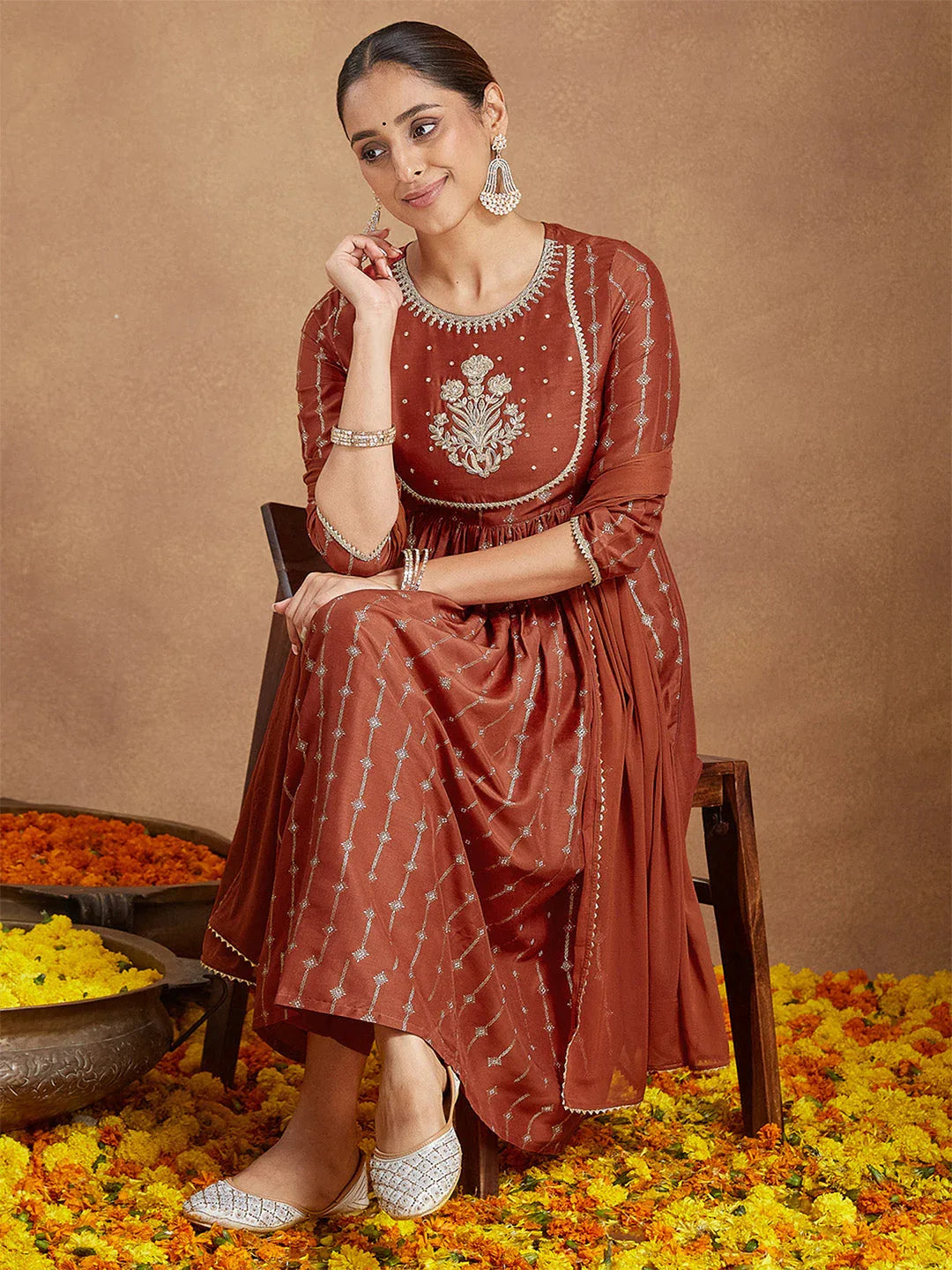 Janasya Women's Rust Silk Blend Yoke Embroidered Gold Printed A-line Kurta Set With Dupatta