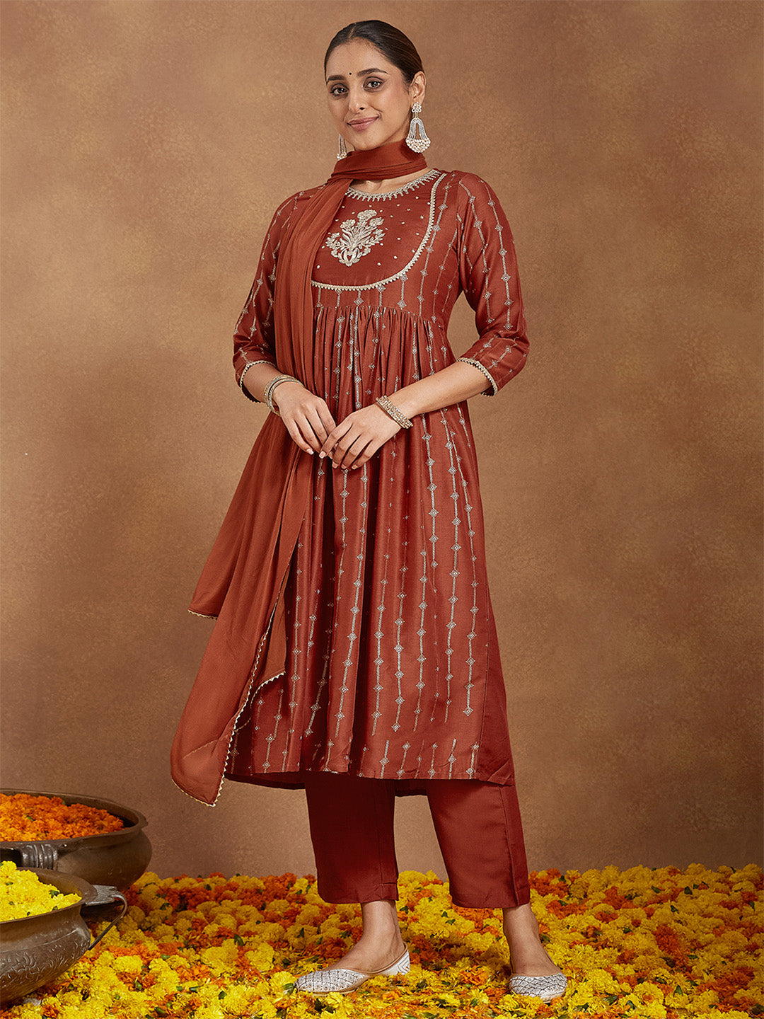 Janasya Women's Rust Silk Blend Yoke Embroidered Gold Printed A-line Kurta Set With Dupatta - qivii