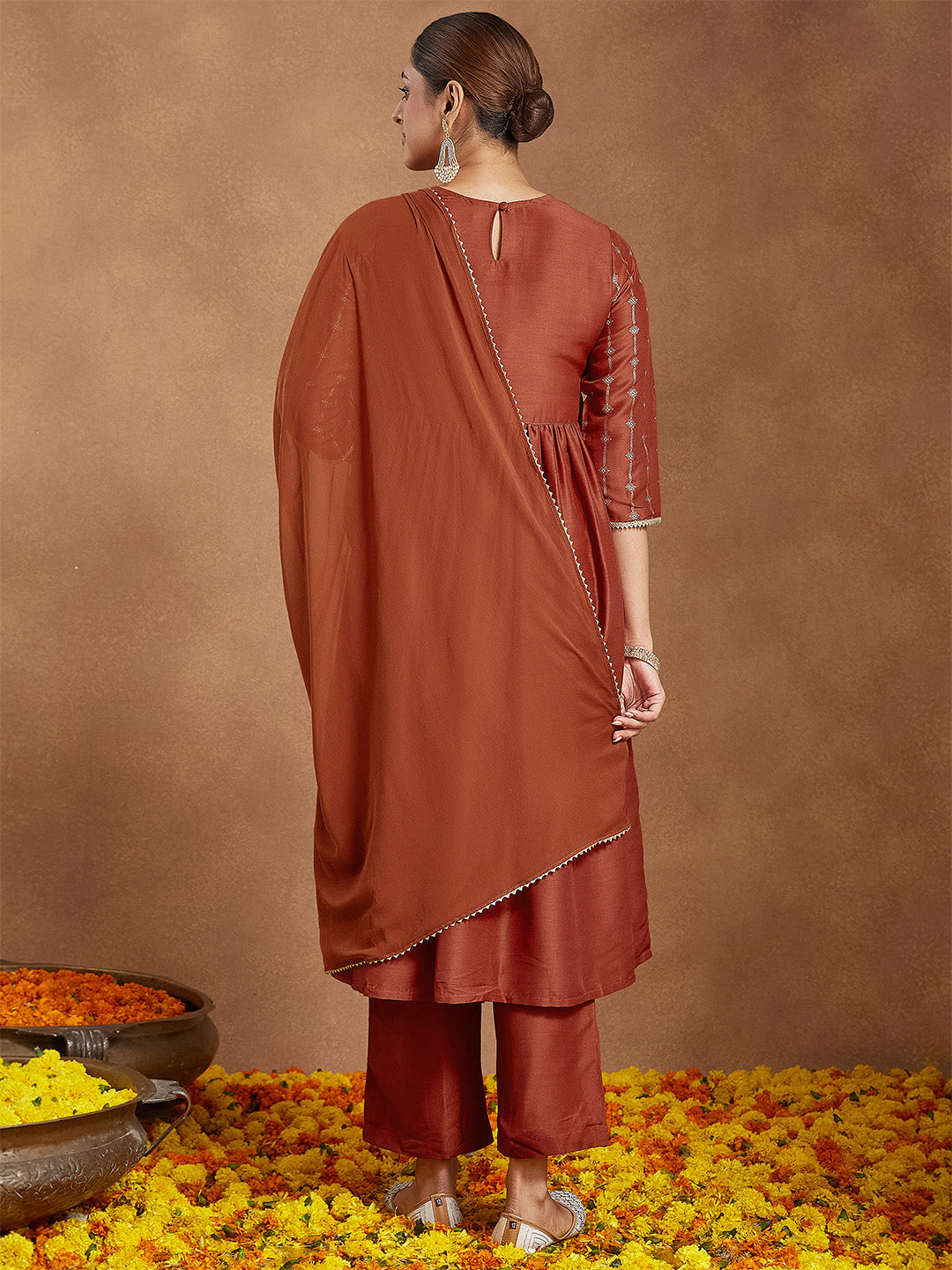 Janasya Women's Rust Silk Blend Yoke Embroidered Gold Printed A-line Kurta Set With Dupatta - qivii