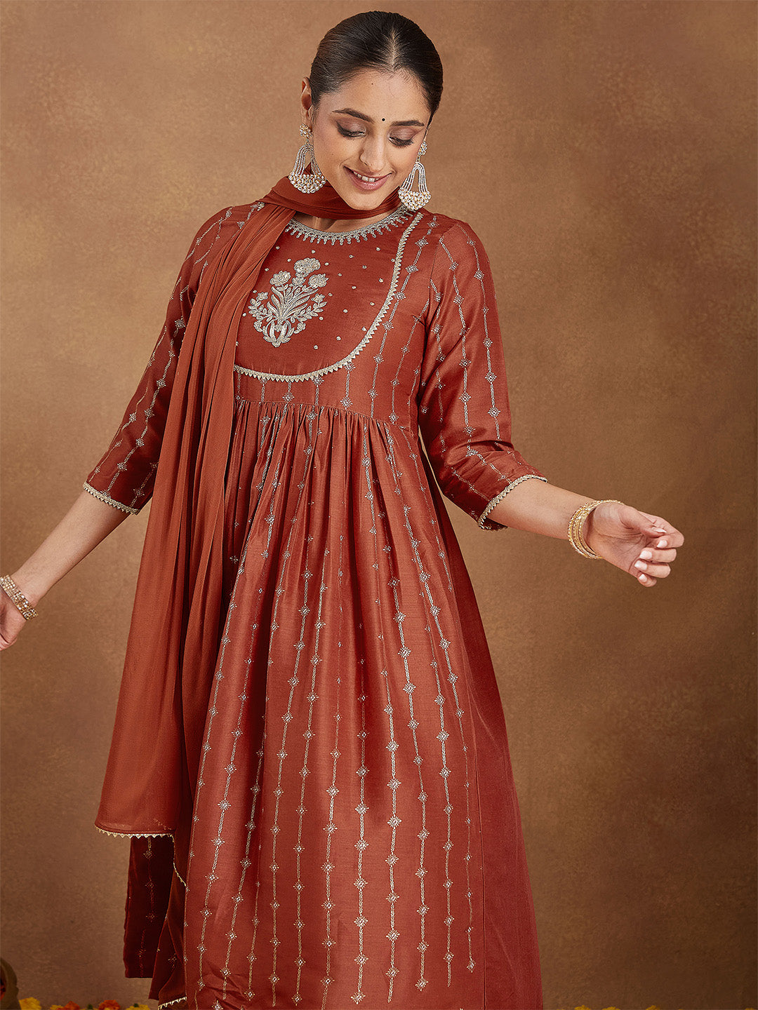 Janasya Women's Rust Silk Blend Yoke Embroidered Gold Printed A-line Kurta Set With Dupatta - qivii