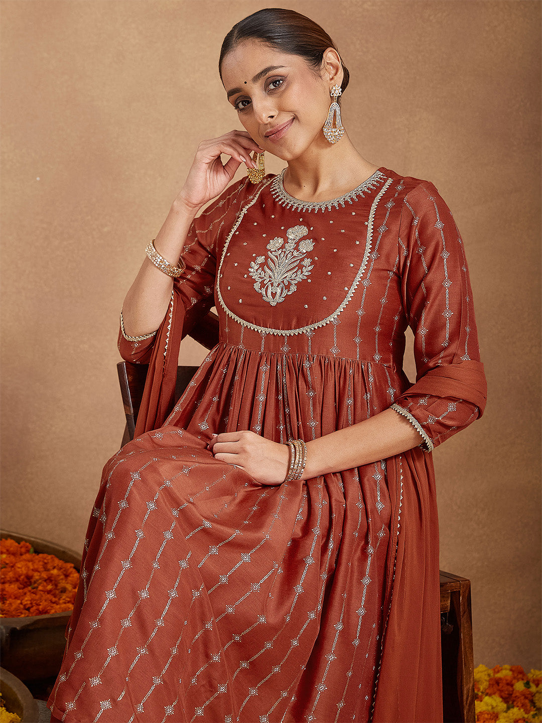 Janasya Women's Rust Silk Blend Yoke Embroidered Gold Printed A-line Kurta Set With Dupatta - qivii