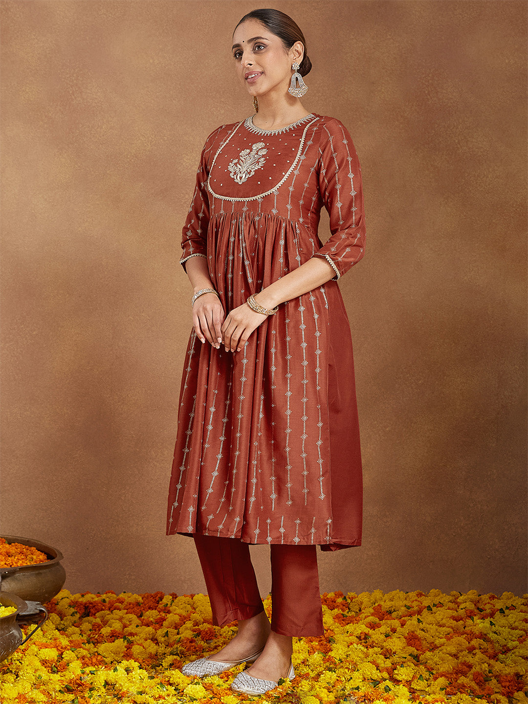 Janasya Women's Rust Silk Blend Yoke Embroidered Gold Printed A-line Kurta Set With Dupatta - qivii