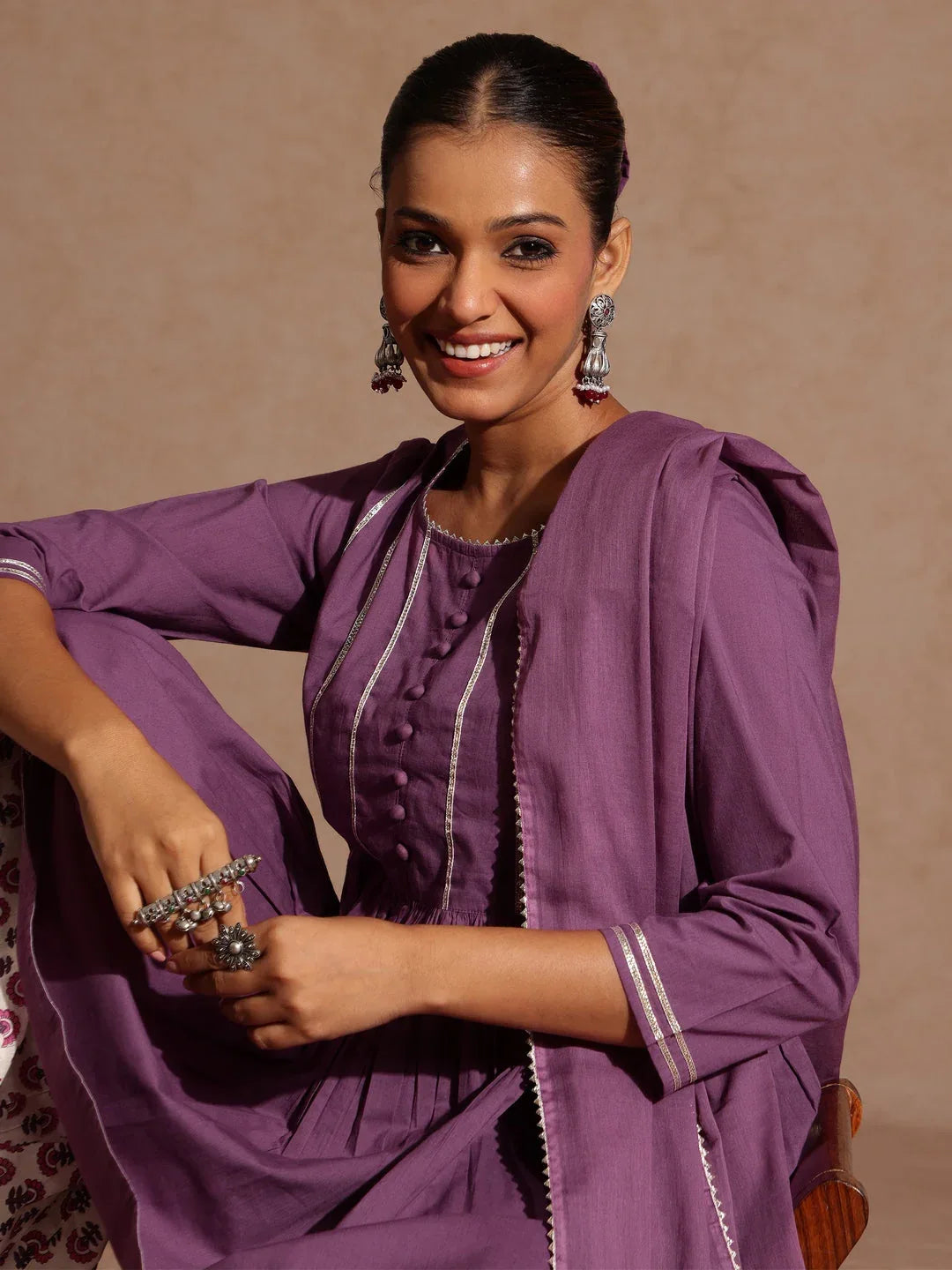 Janasya Women's Purple Pure Cotton Solid Peplum Top With Sharara & Dupatta Set