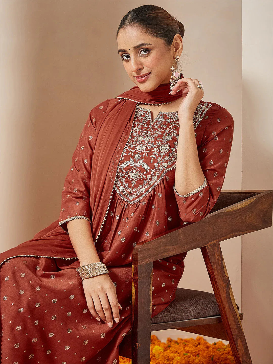 Janasya Women's Rust Silk Blend Zari Yoke Embroidered Gold Printed A-line Kurta Set With Dupatta