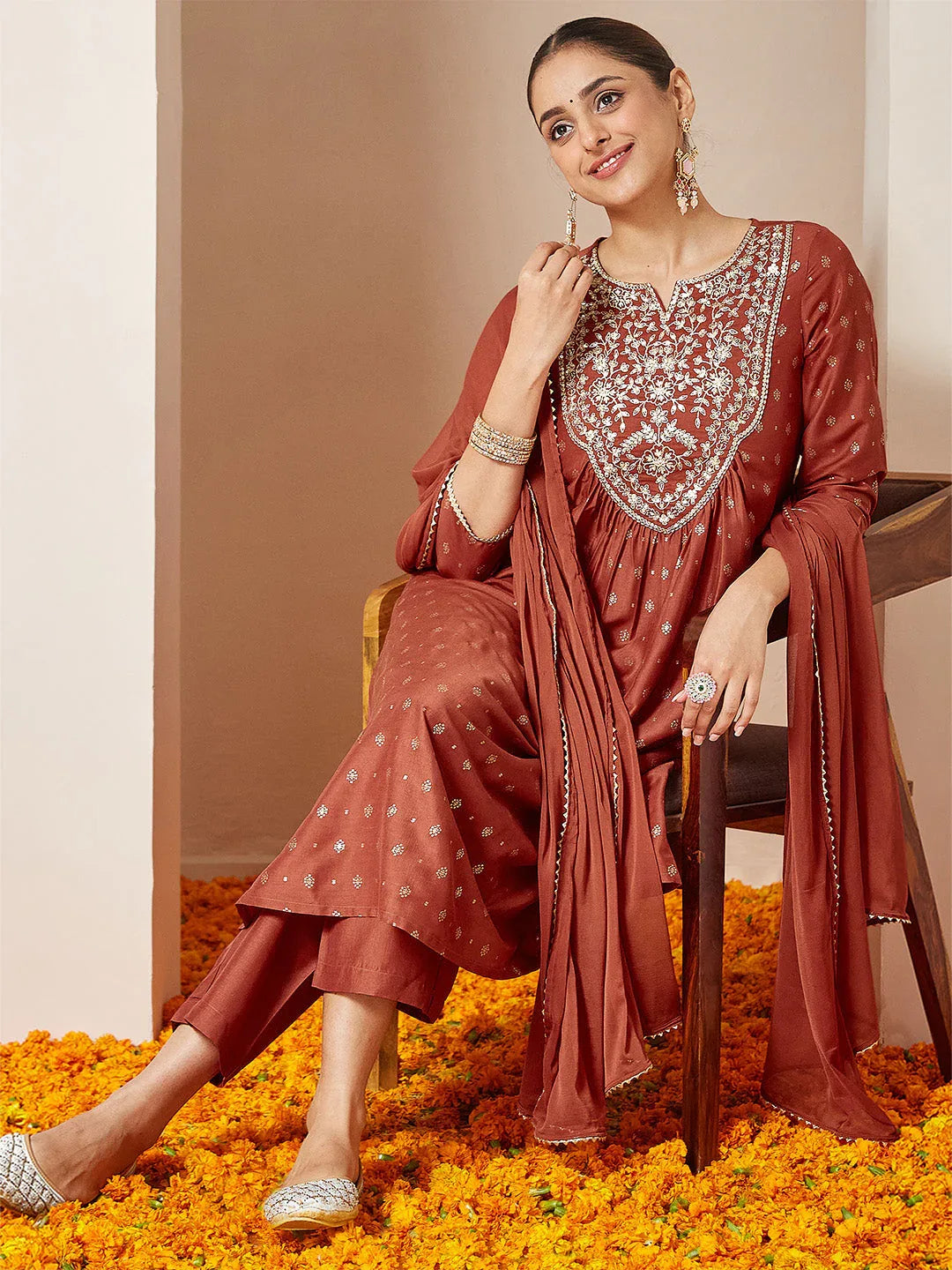 Janasya Women's Rust Silk Blend Zari Yoke Embroidered Gold Printed A-line Kurta Set With Dupatta