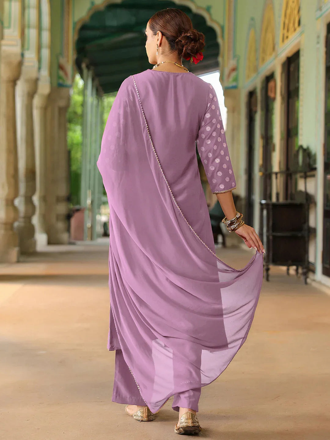 Janasya Women's Lavender Silk Blend Embellished Gold Printed A-line Kurta Set With Dupatta