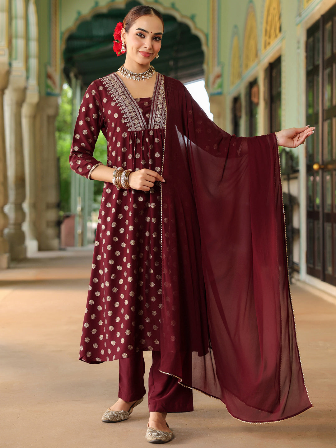 Janasya Women's Maroon Silk Blend Embellished Gold Printed A-line Kurta Set With Dupatta - qivii