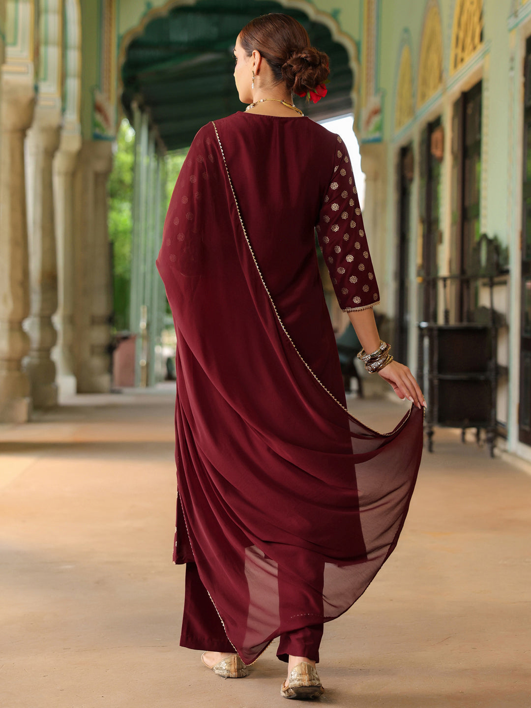 Janasya Women's Maroon Silk Blend Embellished Gold Printed A-line Kurta Set With Dupatta - qivii