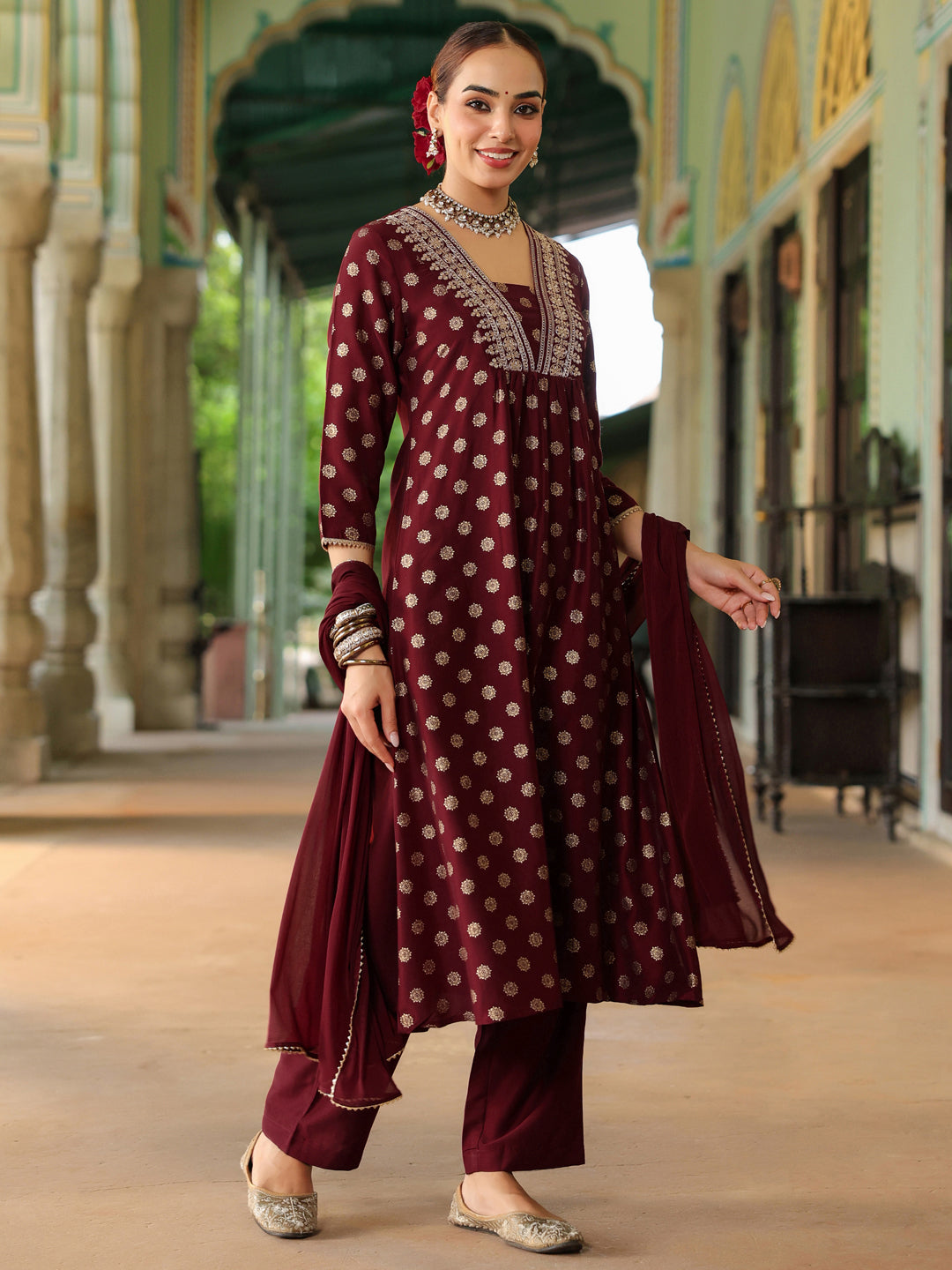 Janasya Women's Maroon Silk Blend Embellished Gold Printed A-line Kurta Set With Dupatta - qivii