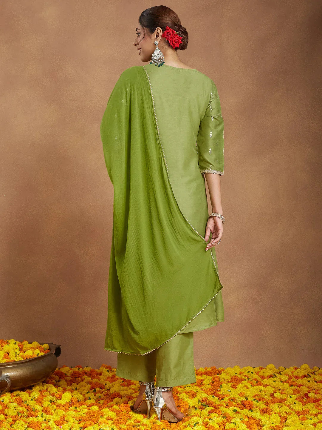 Janasya Women's Lime Green Silk Blend Zari Yoke Embroidered Gold Printed A-line Kurta Set