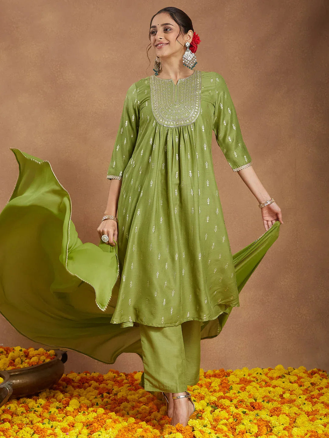 Janasya Women's Lime Green Silk Blend Zari Yoke Embroidered Gold Printed A-line Kurta Set