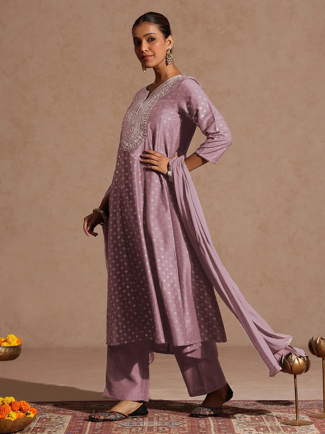 Janasya Women's Lavender Silk Blend Zari Embroidered Gold Printed Anarkali Kurta Set