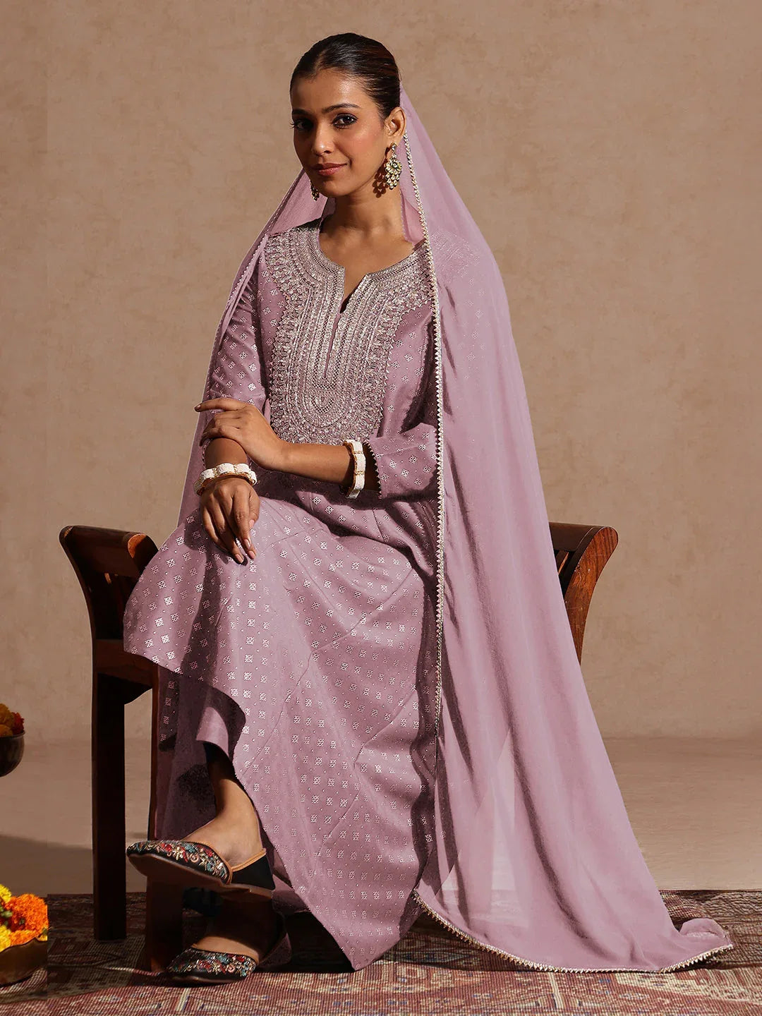 Janasya Women's Lavender Silk Blend Zari Embroidered Gold Printed Anarkali Kurta Set