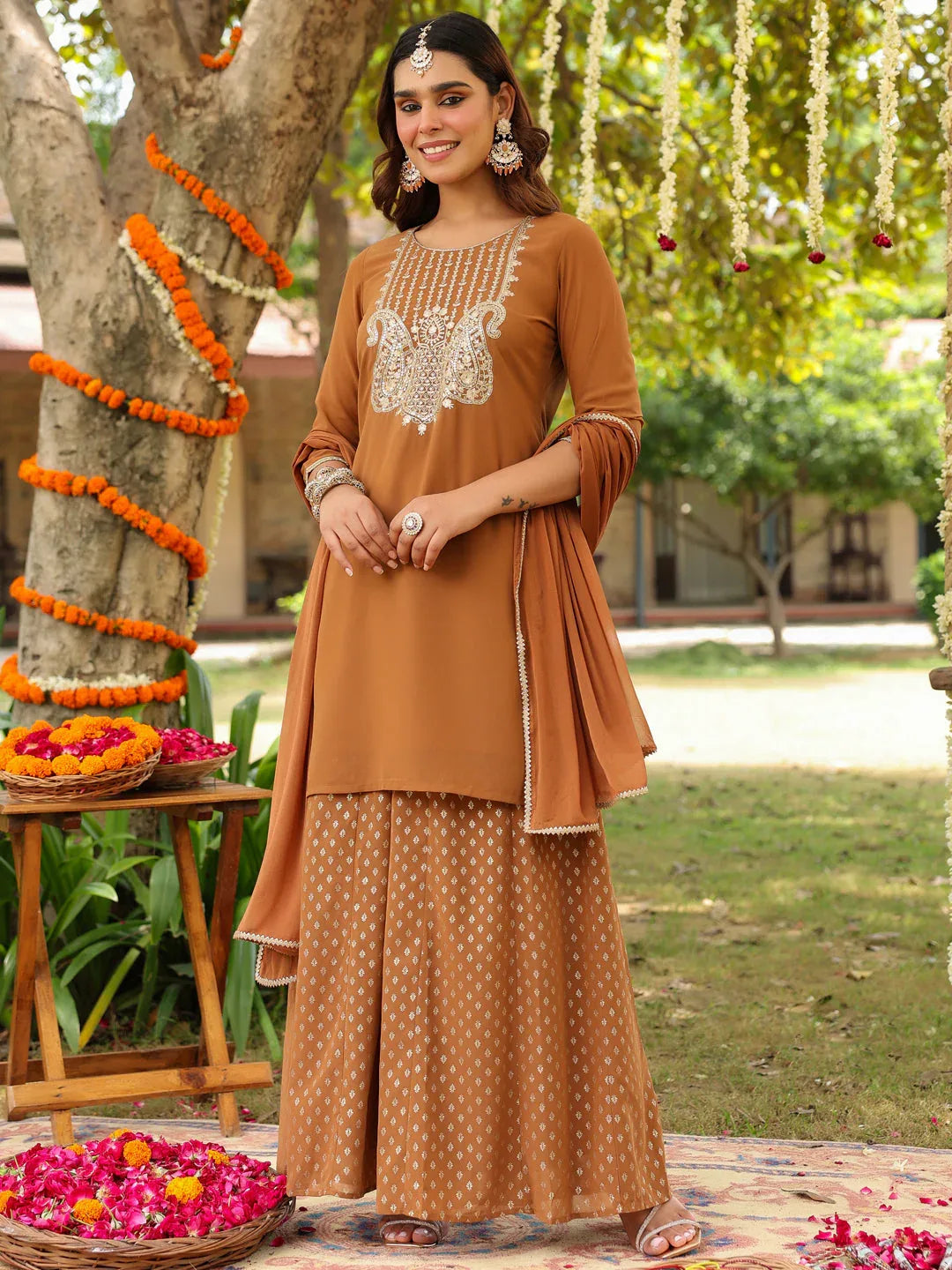 Janasya Women's Brown Georgette Embroidered Straight Kurta With Sharara & Dupatta Set