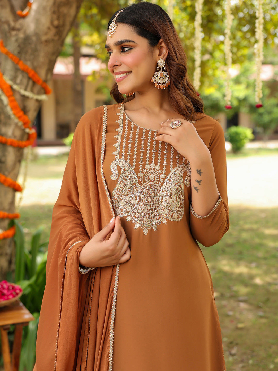 Janasya Women's Brown Georgette Embroidered Straight Kurta With Sharara & Dupatta Set - qivii