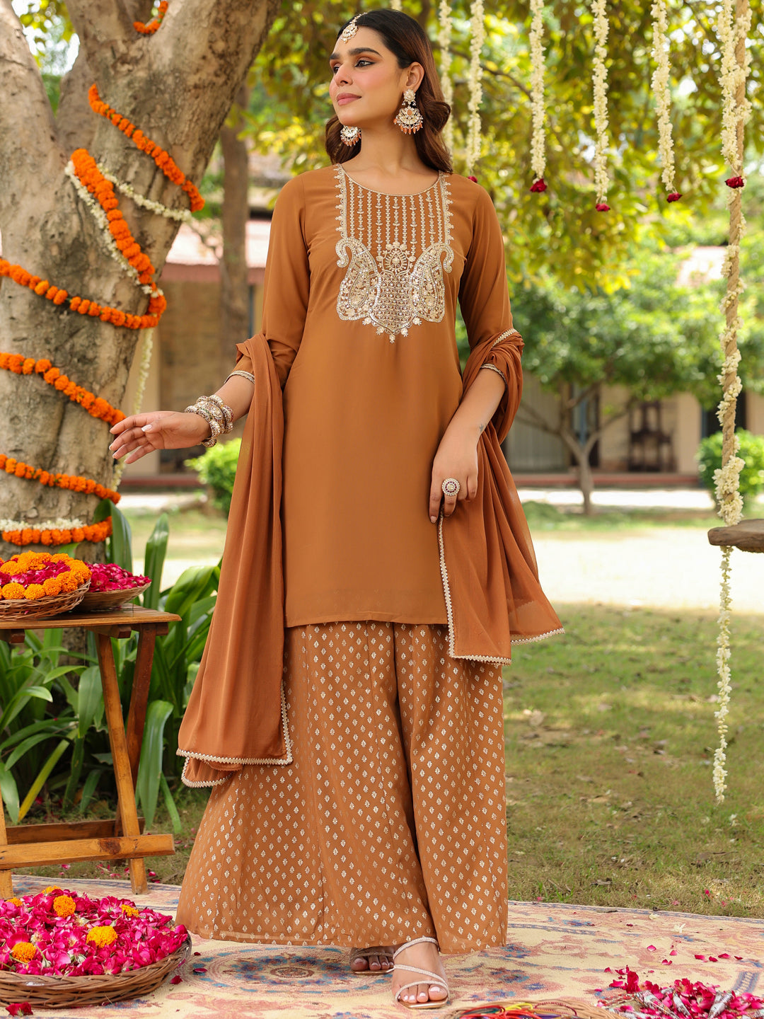 Janasya Women's Brown Georgette Embroidered Straight Kurta With Sharara & Dupatta Set - qivii