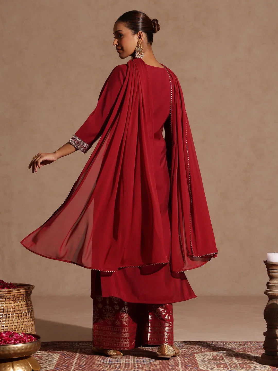 Janasya Women's Maroon Chanderi Silk Zari Embroidered Gold Printed Straight Kurta Set