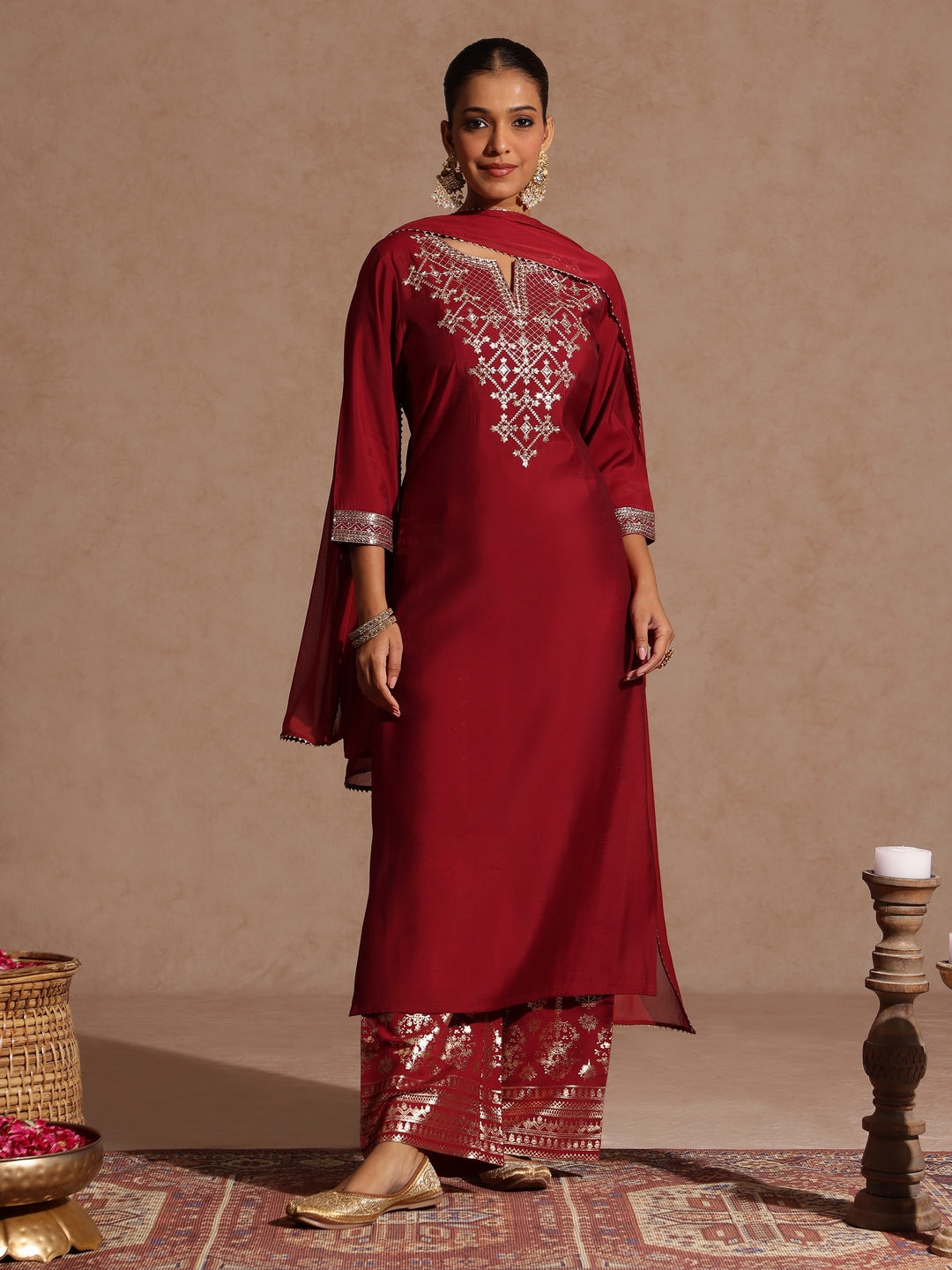Janasya Women's Maroon Chanderi Silk Zari Embroidered Gold Printed Straight Kurta Set - qivii