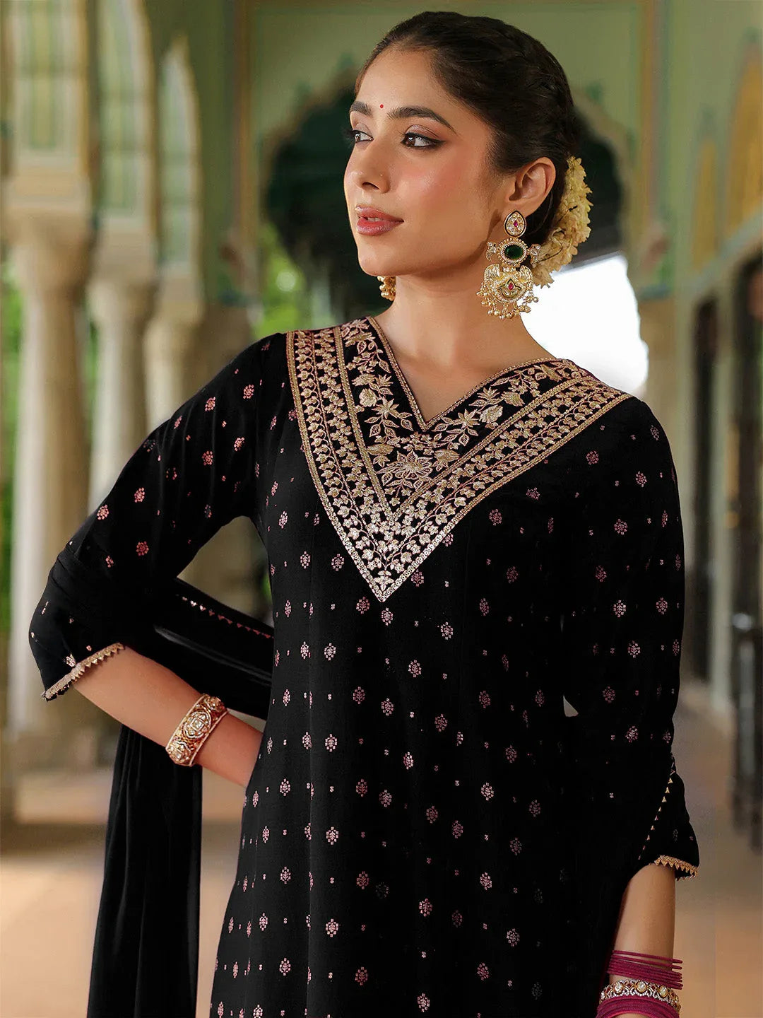 Janasya Women's Black Silk Blend Zari Yoke Embroidered Gold Printed Anarkali Kurta Set