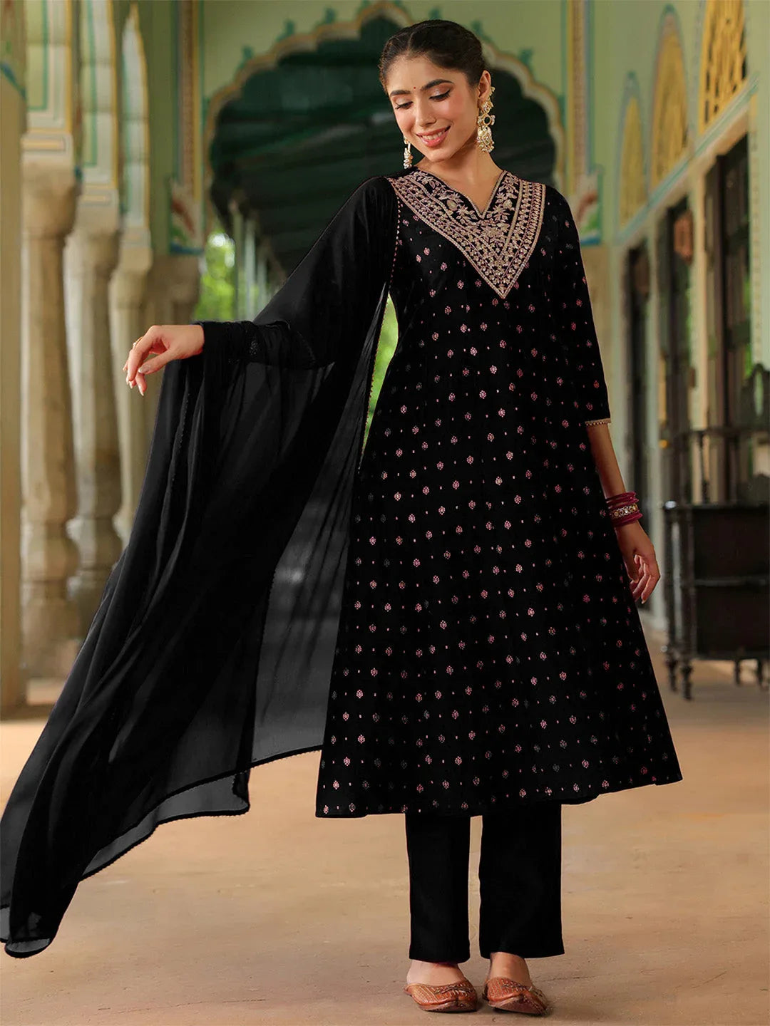 Janasya Women's Black Silk Blend Zari Yoke Embroidered Gold Printed Anarkali Kurta Set