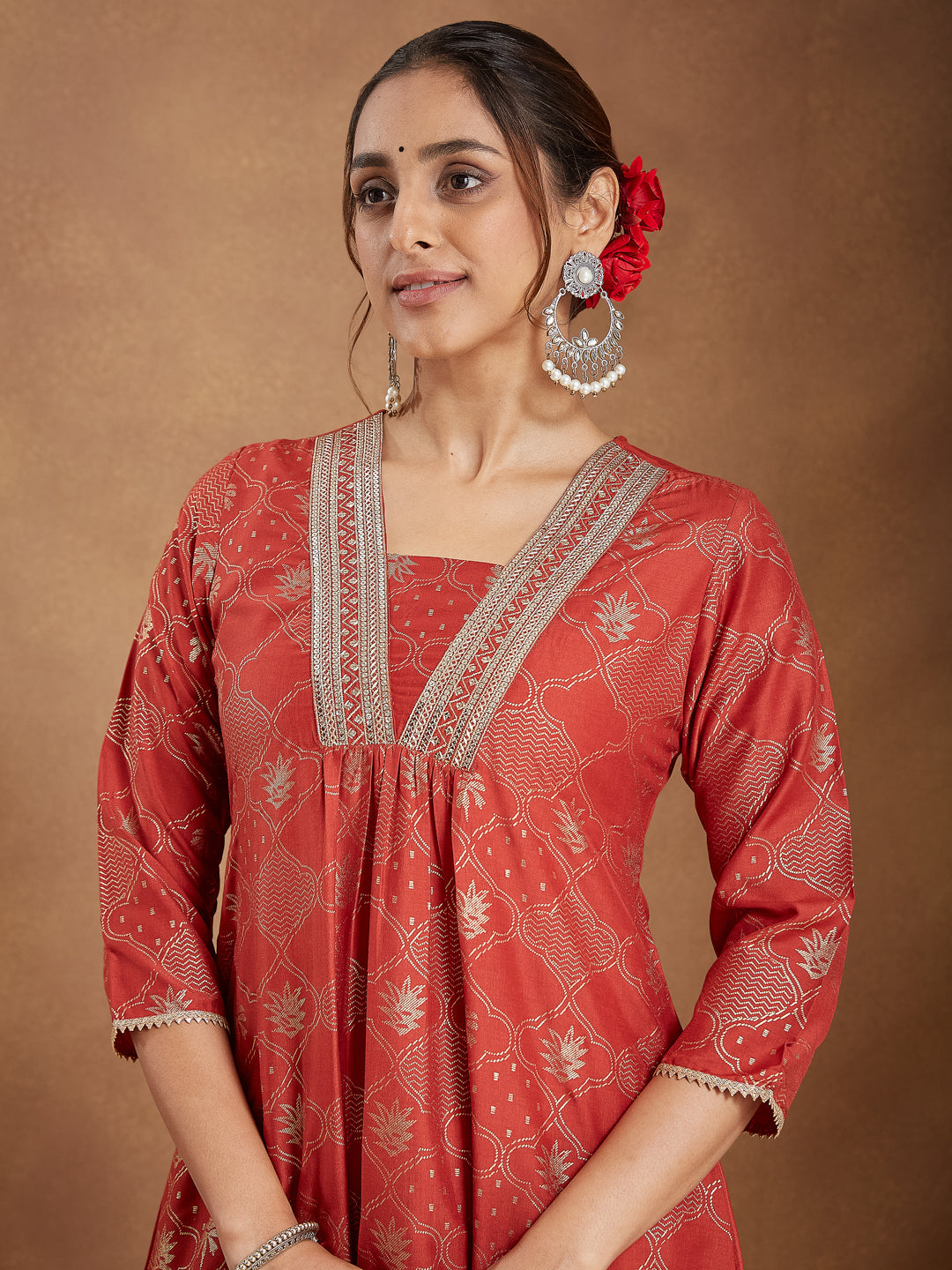 Janasya Women's Rust Silk Blend Embellished Gold Printed A-line Kurta Set - qivii