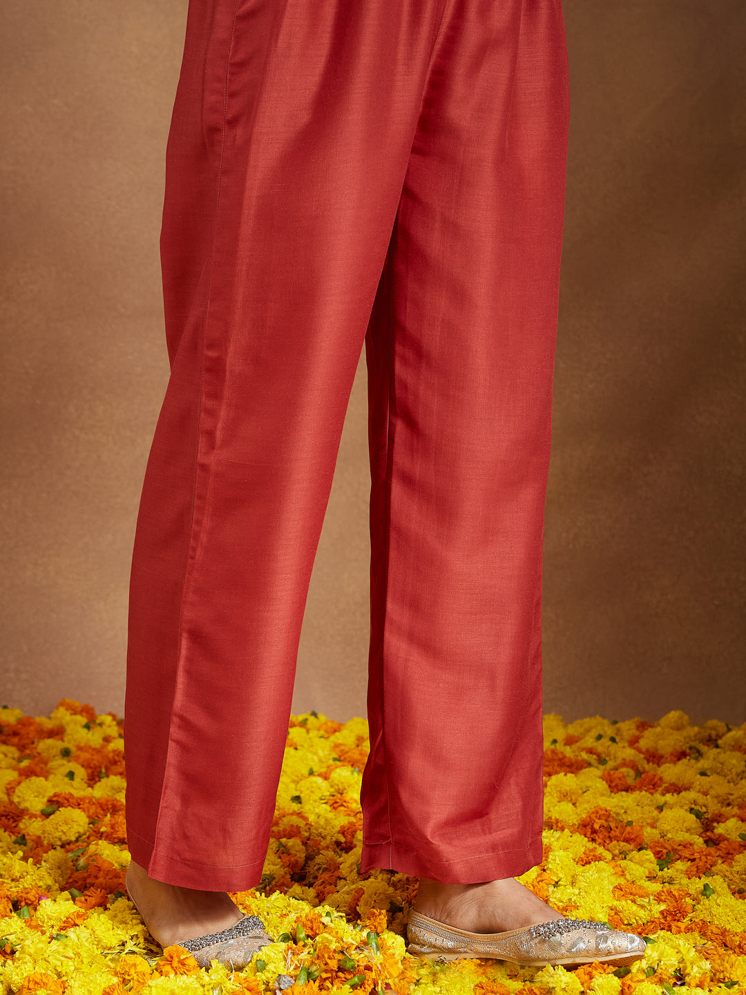 Janasya Women's Rust Silk Blend Embellished Gold Printed A-line Kurta Set - qivii