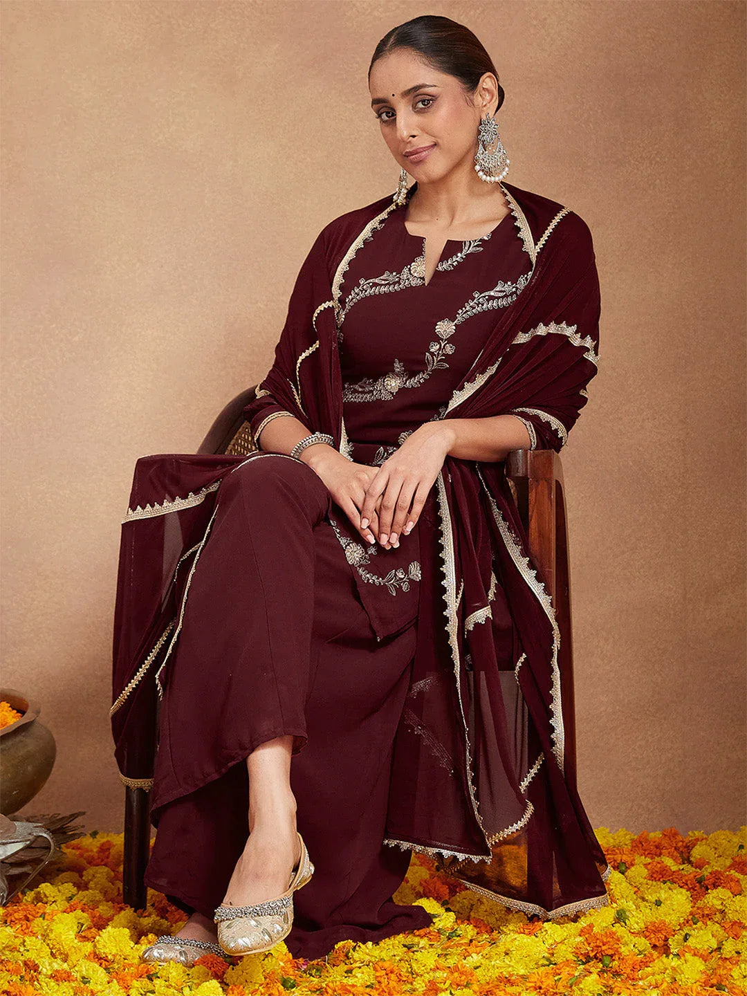 Janasya Women's Maroon Georgette Zari Embroidered Kurta With Sharara & Dupatta Set