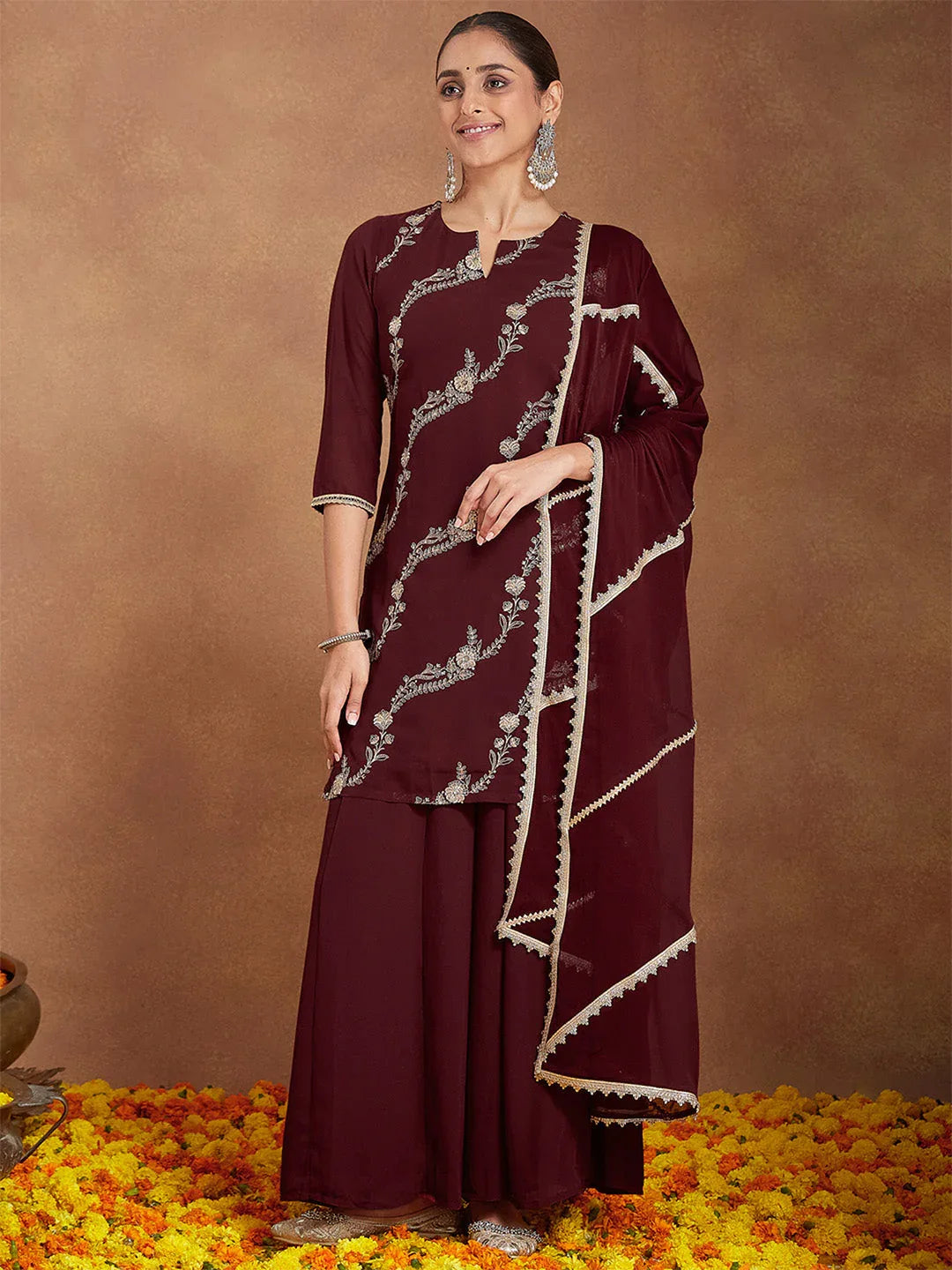 Janasya Women's Maroon Georgette Zari Embroidered Kurta With Sharara & Dupatta Set