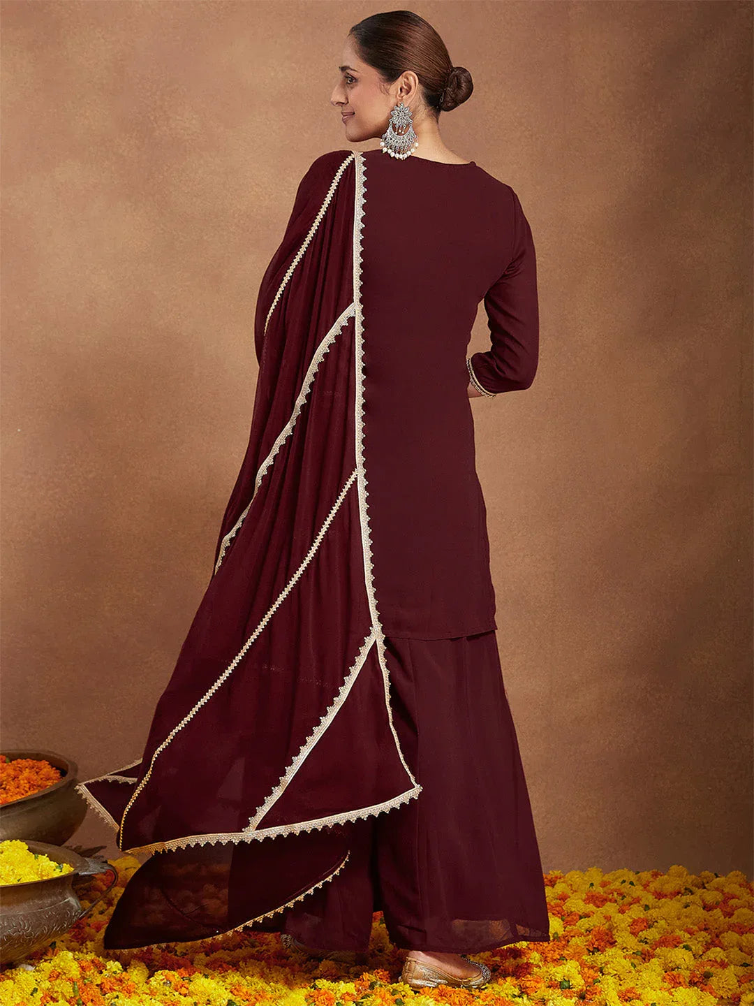 Janasya Women's Maroon Georgette Zari Embroidered Kurta With Sharara & Dupatta Set