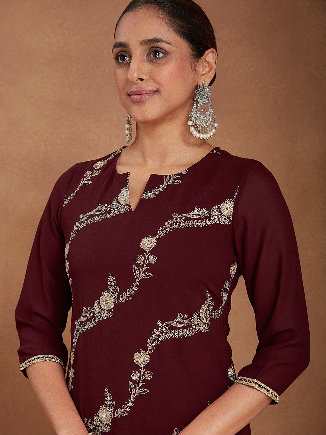 Janasya Women's Maroon Georgette Zari Embroidered Kurta With Sharara & Dupatta Set - qivii
