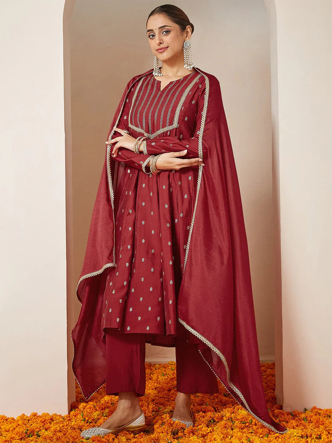 Janasya Women's Maroon Chanderi Silk Embellished Gold Printed Anarkali Kurta Set
