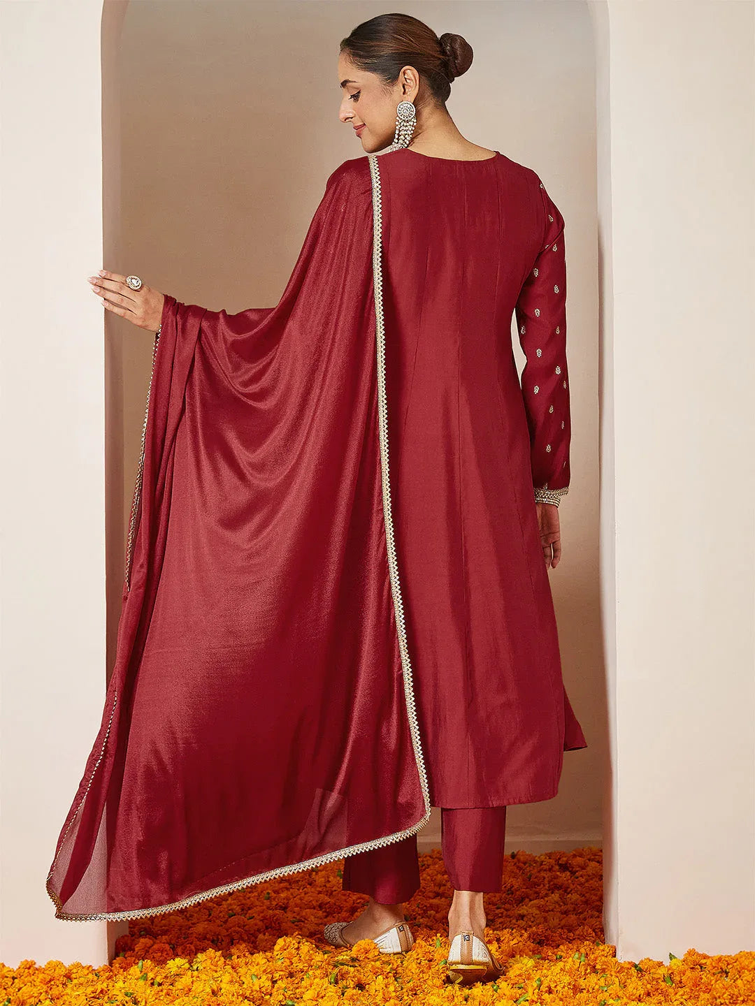 Janasya Women's Maroon Chanderi Silk Embellished Gold Printed Anarkali Kurta Set