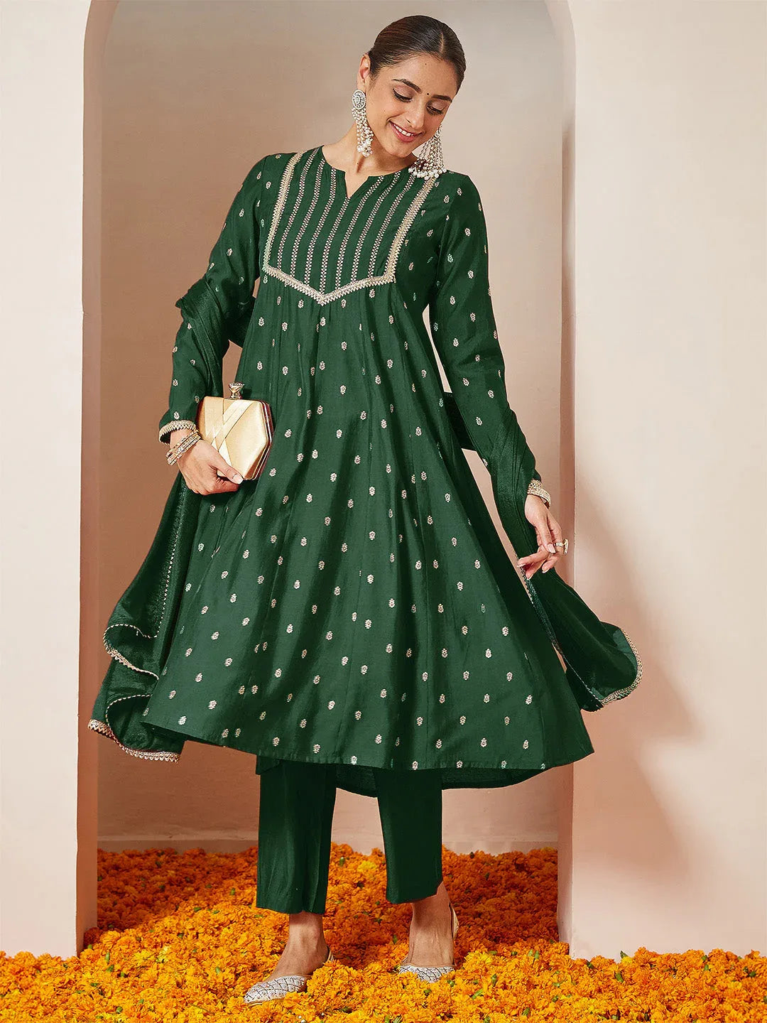 Janasya Women's Dark Green Chanderi Silk Embellished Gold Printed Anarkali Kurta Set