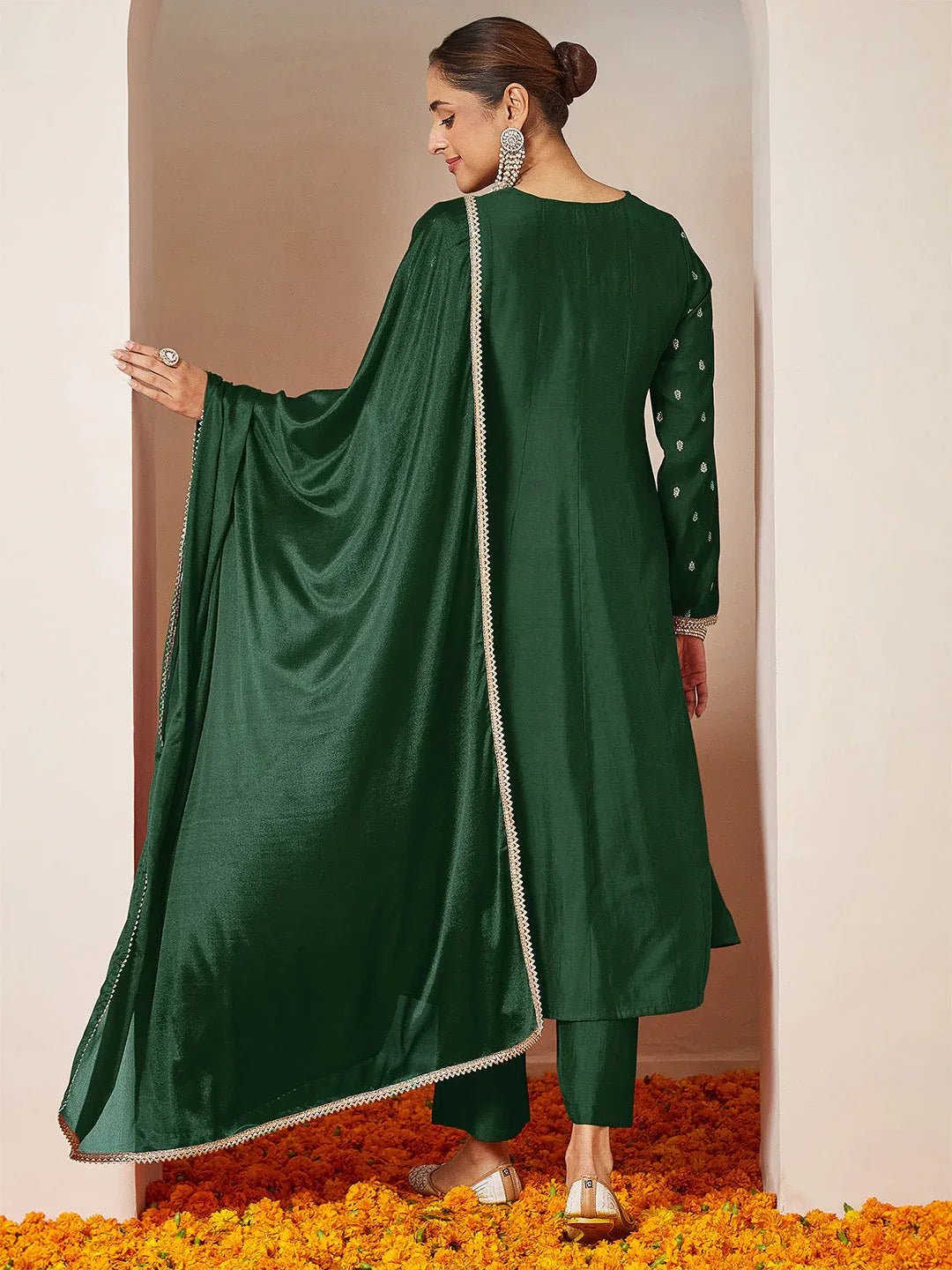 Janasya Women's Dark Green Chanderi Silk Embellished Gold Printed Anarkali Kurta Set